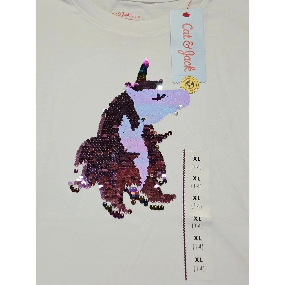 Cat & Jack Girls XL 14 White Unicorn Flip Sequin Flutter Sleeve T-Shirt NWT